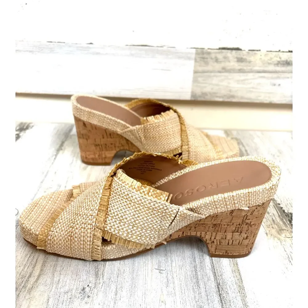 Aerosoles Womens 9.5 Tan Madina Crisscross Raffia Wedge Heel Summer Sandal NEW